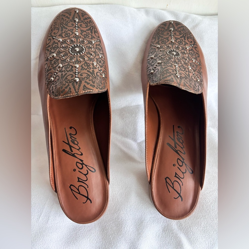 Brighton Icon Luggage Brown Vacchetta Laser Leather Loafer Mules Size 10 M